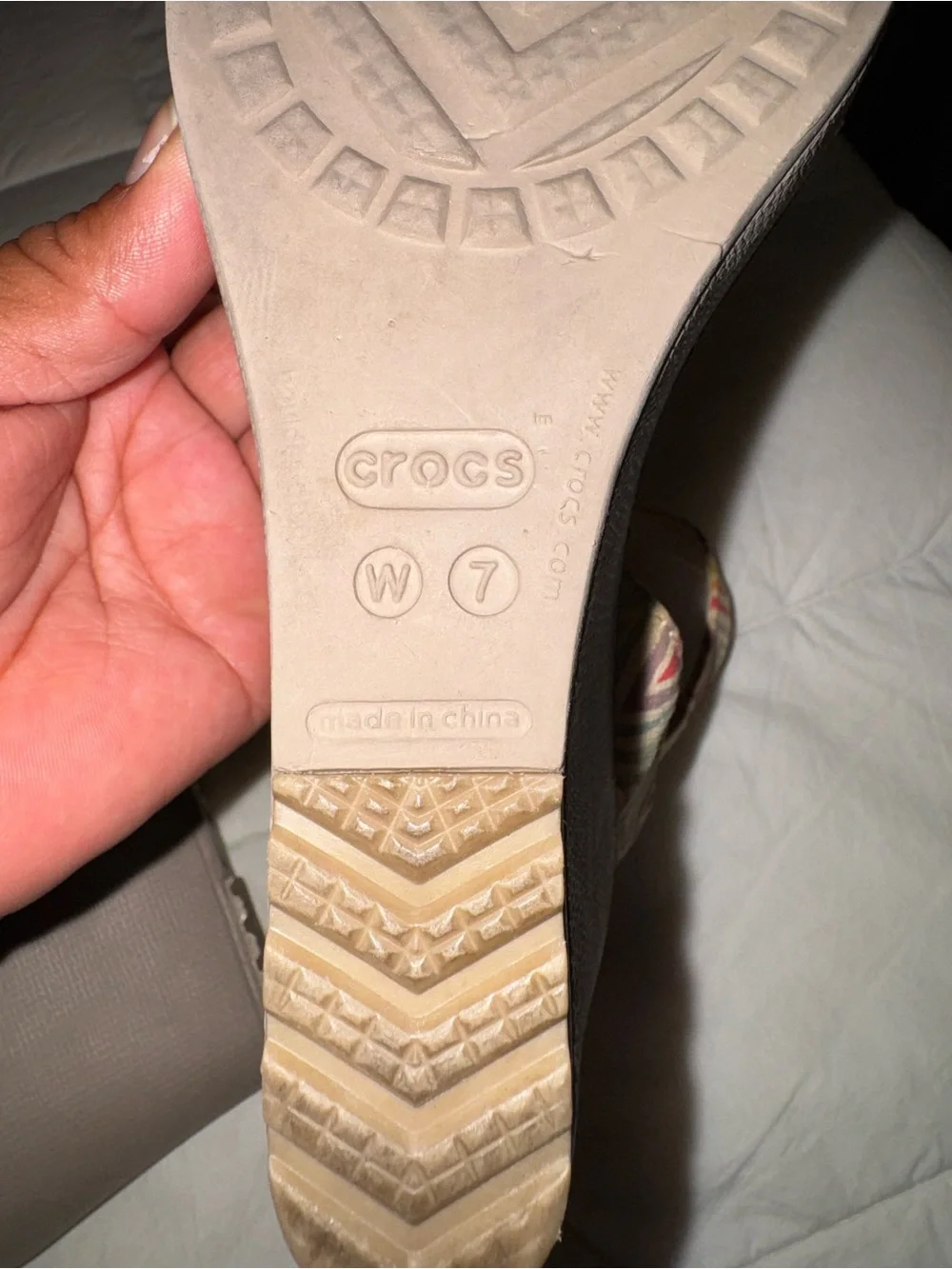 CROCS Brown Wedge Sandals with Multicolor Chevron Straps